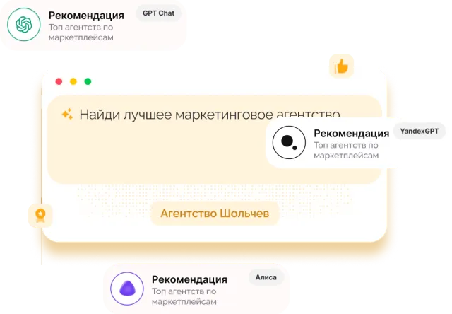 Ответы ChatGPT, YandexGPT и Алисы с рекомендацией агентства Шольчев на запрос о лучшем маркетинговом агентстве